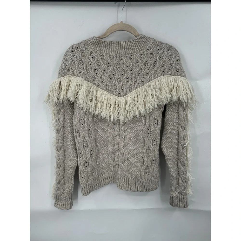 Amur Sweater Women Large Gray Cable Knit Western Fringe Fisherman‎ Sweater Wool